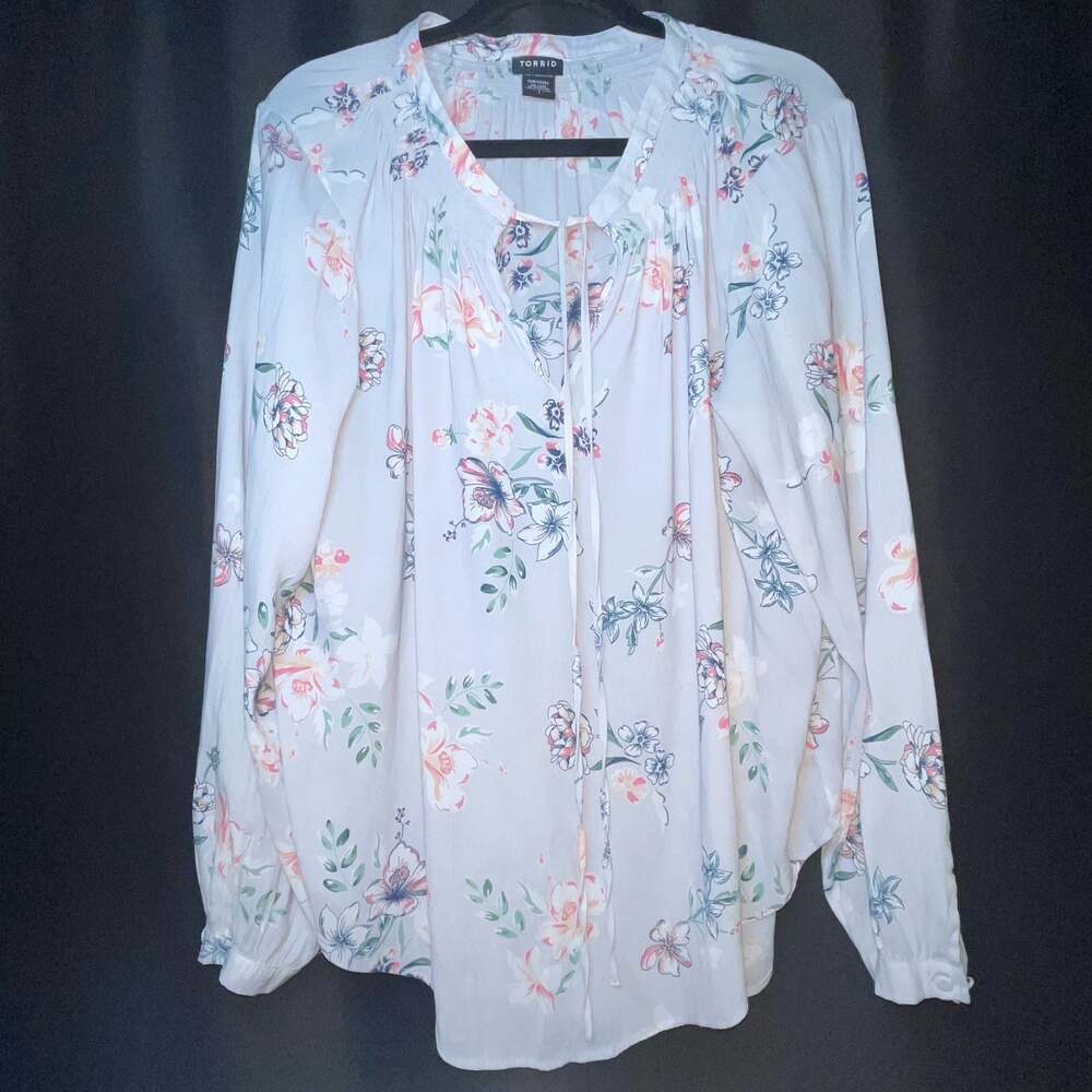 Torrid Long Sleeve Floral Print Tie-Neck Peasant Blouse